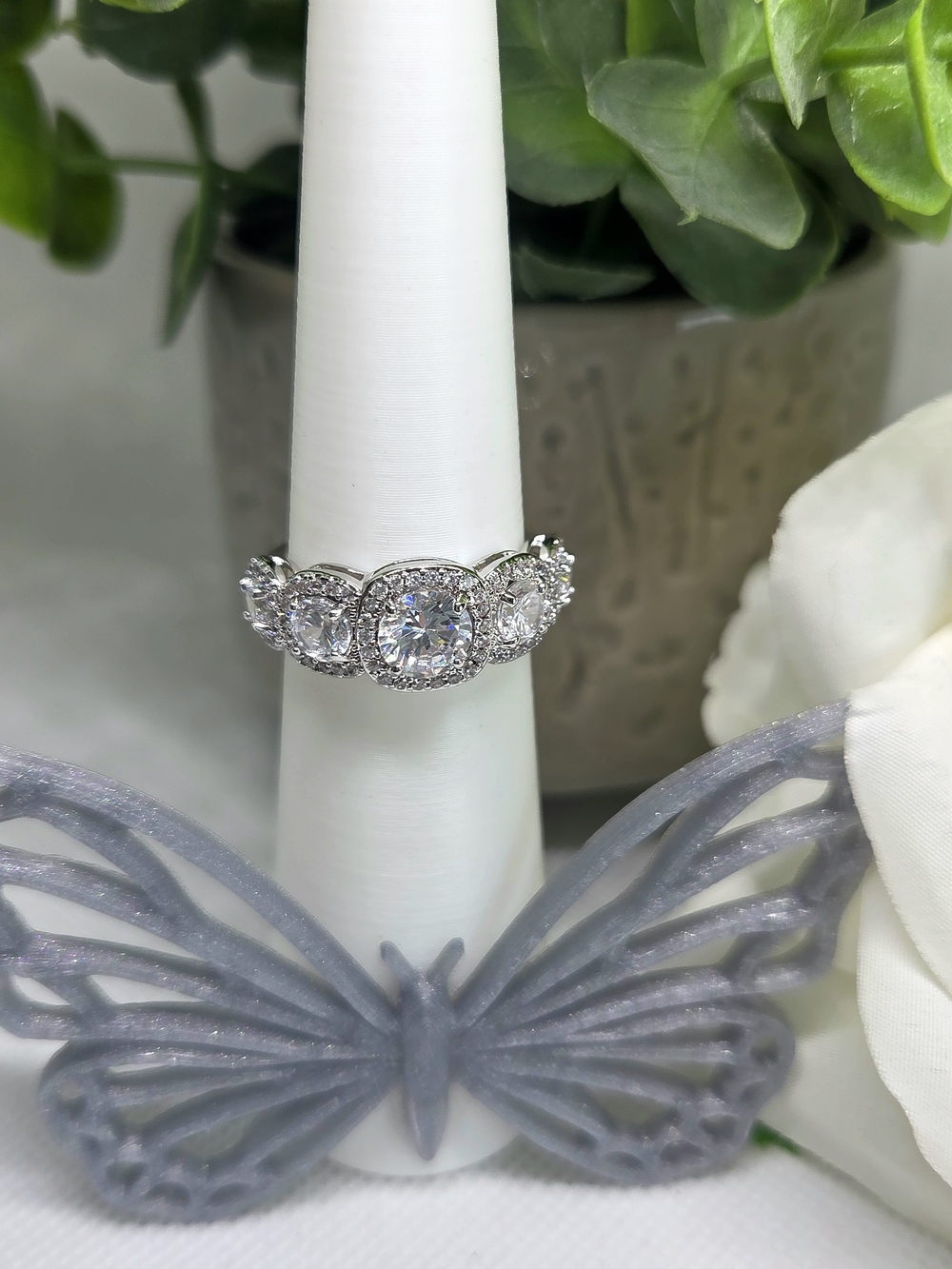 BP CZ Halo Three-Stone Ring On Rhodium Plating